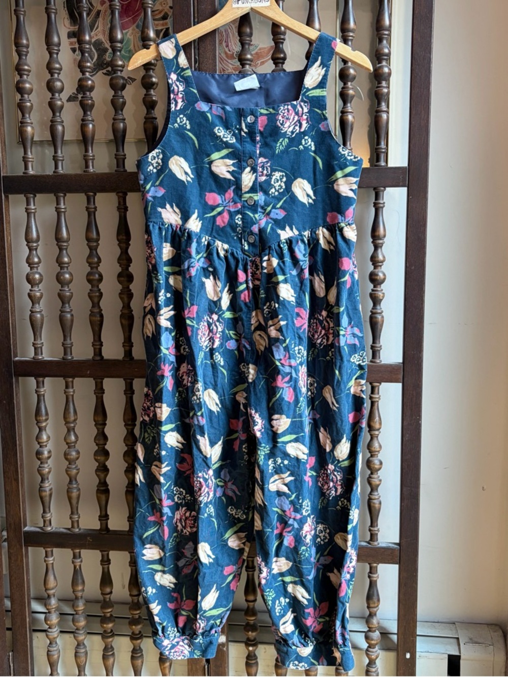 LAURA ASHLEY Vintage 80s Navy Floral Corduroy Cotton Jumpsuit Romper Suit M